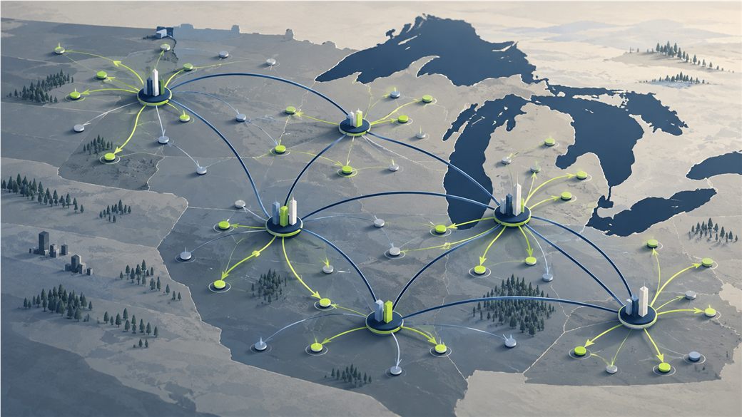 Conceptual editorial illustration of overlapping venture networks across the American Midwest