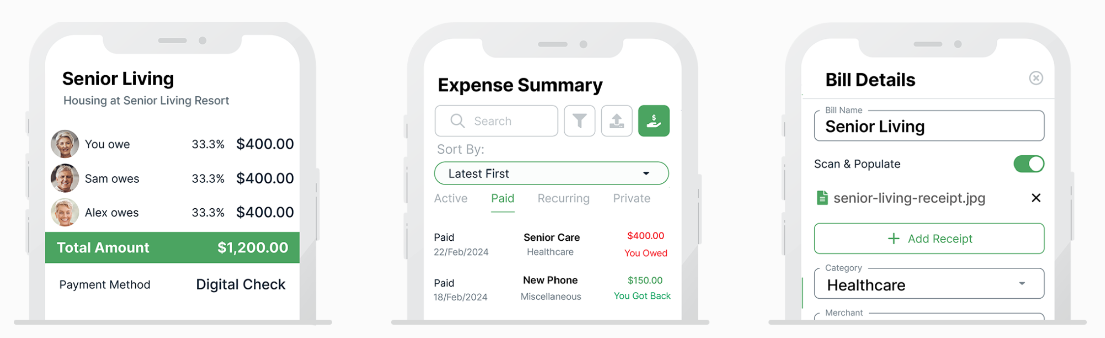 SupportPay mobile app interface showing Senior Living expense split, Expense Summary, and Bill Details screens